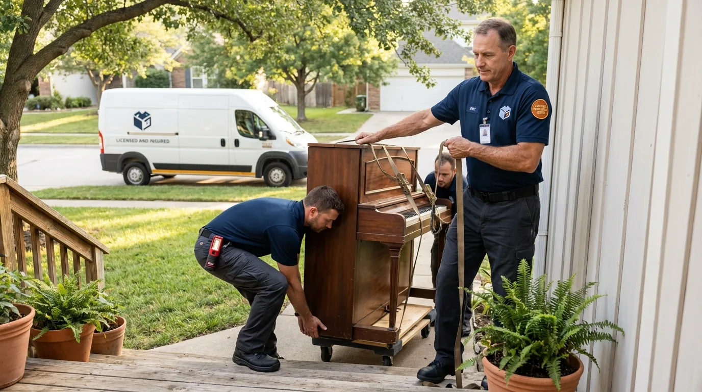 Licensed piano movers securing grand piano in Kenova, WV