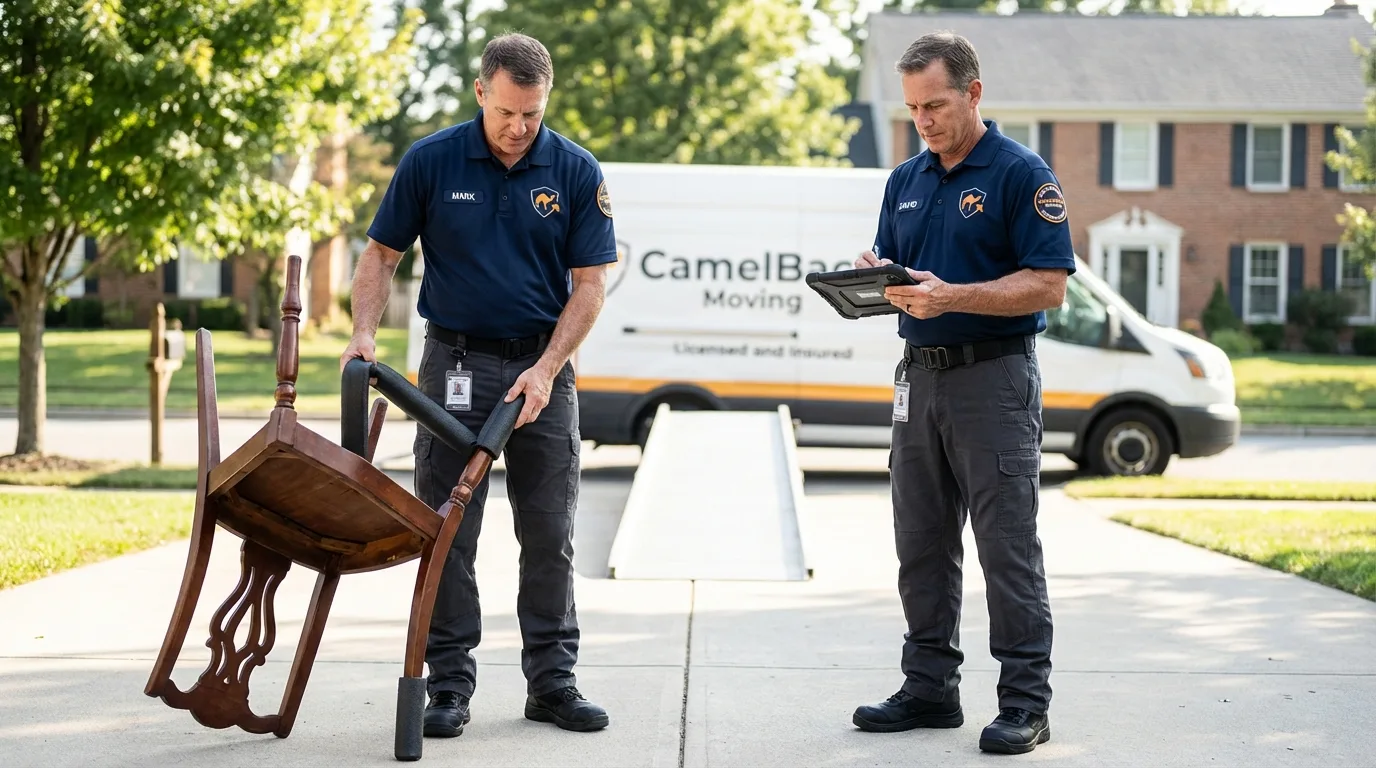 Movers inspecting furniture for damage prevention before loading in Kenova, WV